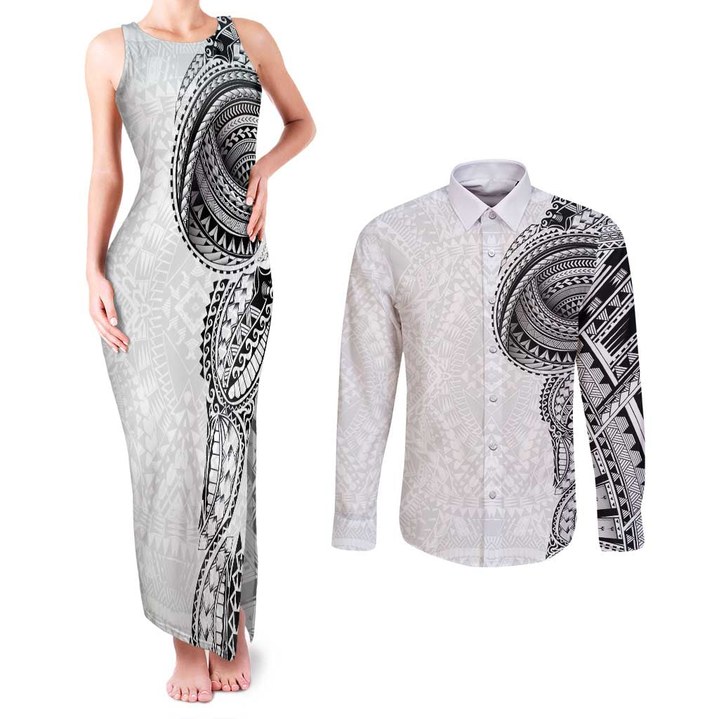 Traditional Polynesian Art Tattoos Couples Matching Tank Maxi Dress and Long Sleeve Button Shirt White Color - Polynesian Pride