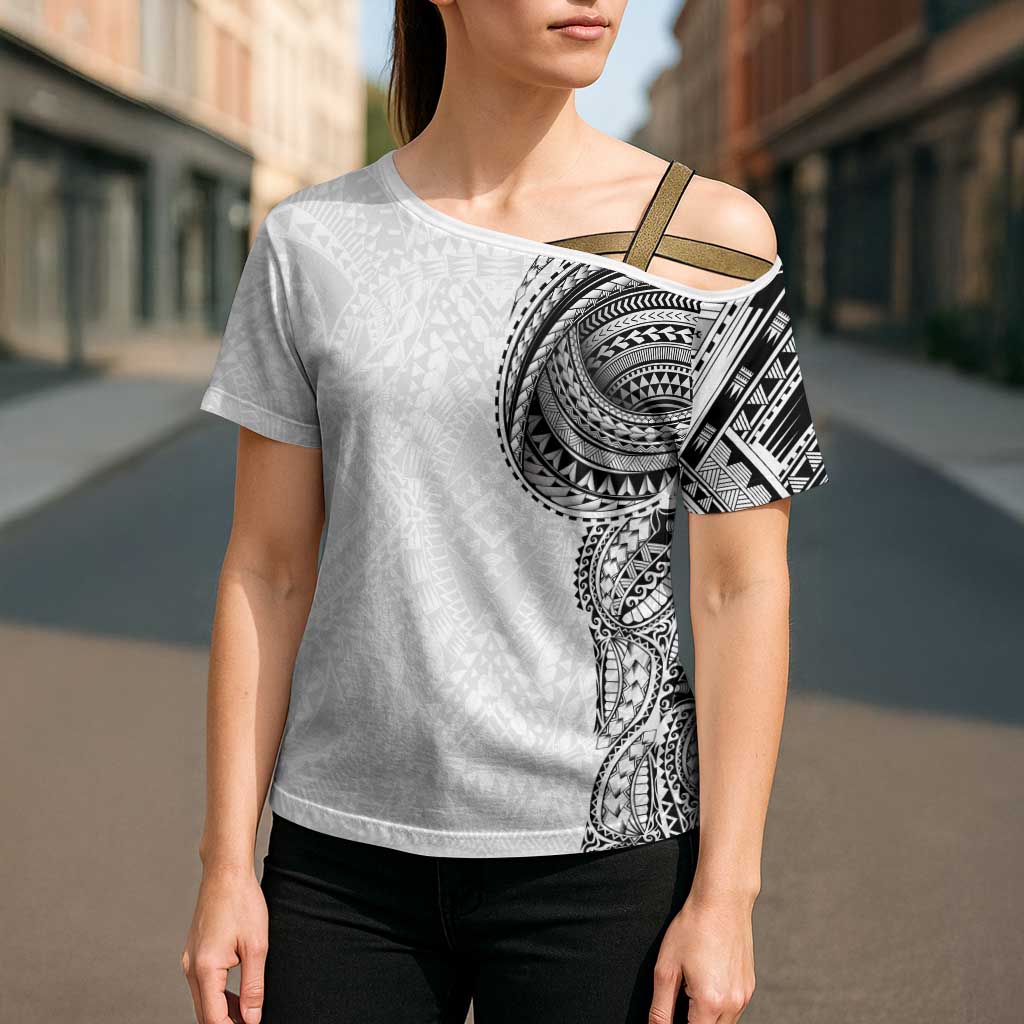 Traditional Polynesian Art Tattoos Cross Shoulder Shirt White Color - Polynesian Pride