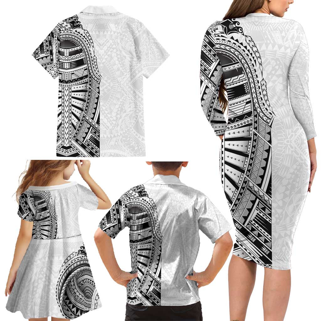 Traditional Polynesian Art Tattoos Family Matching Long Sleeve Bodycon Dress and Hawaiian Shirt White Color - Polynesian Pride