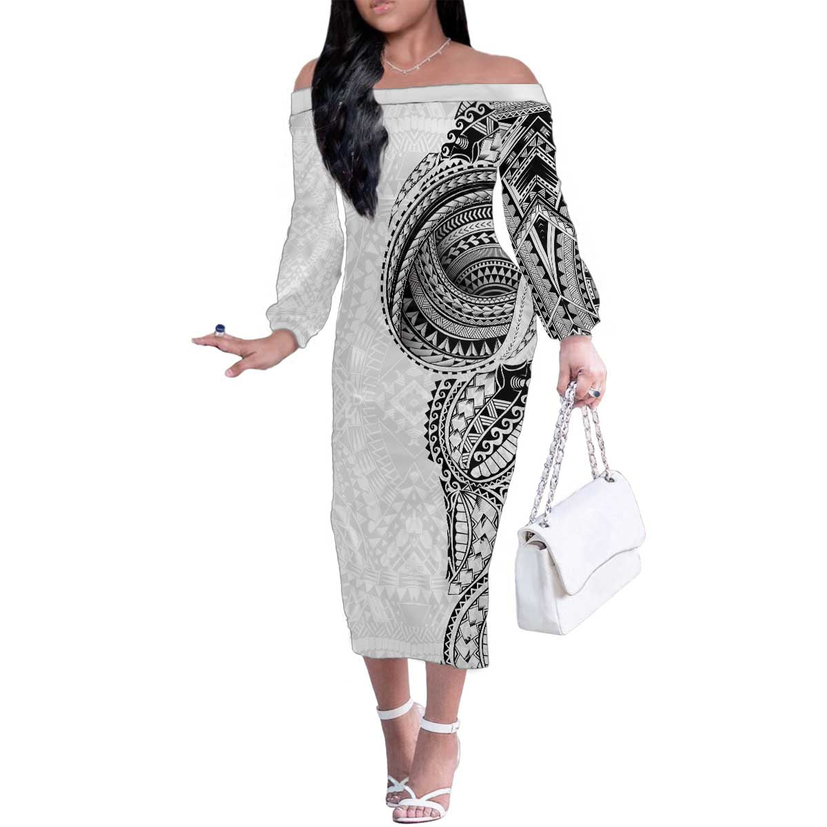 Traditional Polynesian Art Tattoos Family Matching Off The Shoulder Long Sleeve Dress and Hawaiian Shirt White Color - Polynesian Pride