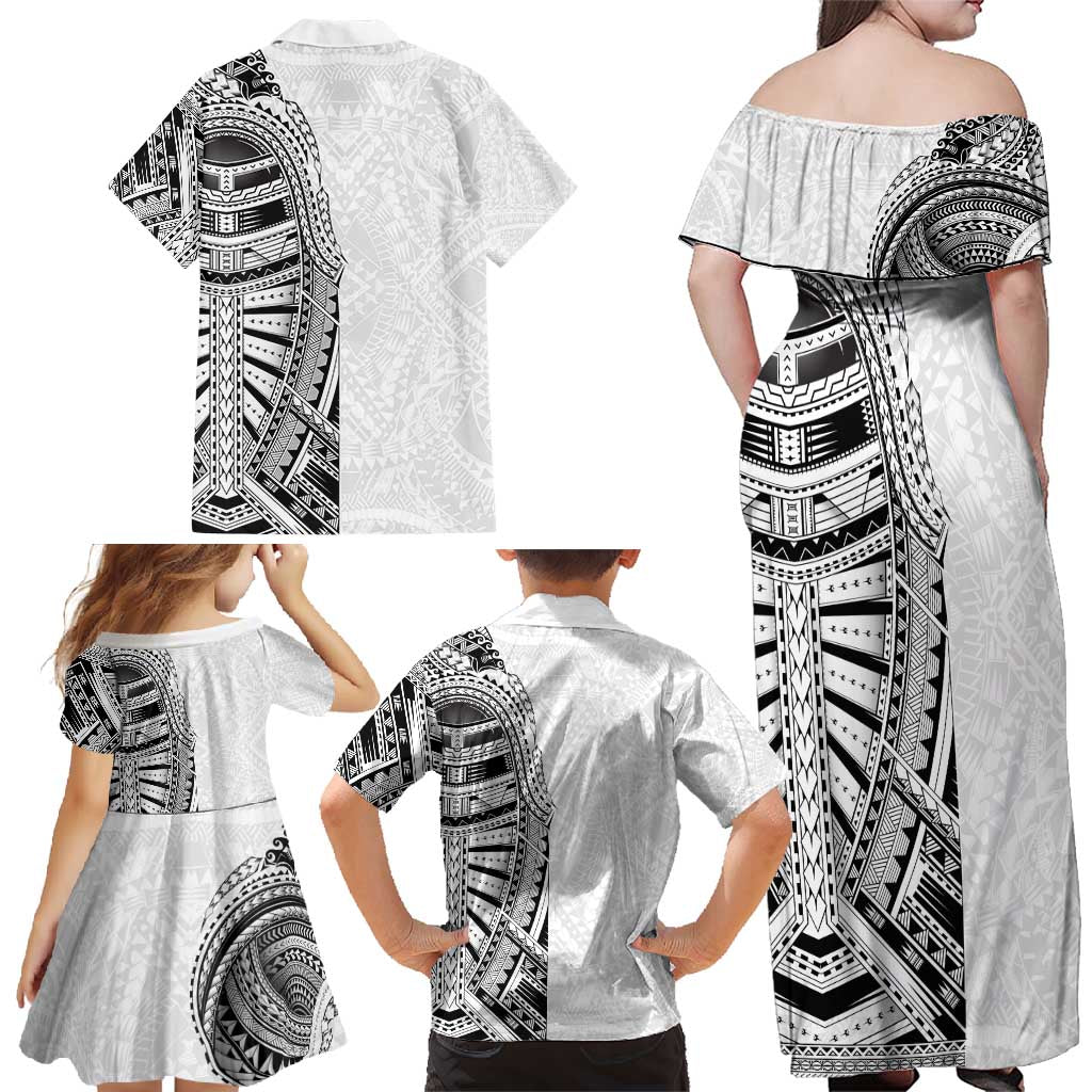 Traditional Polynesian Art Tattoos Family Matching Off Shoulder Maxi Dress and Hawaiian Shirt White Color - Polynesian Pride