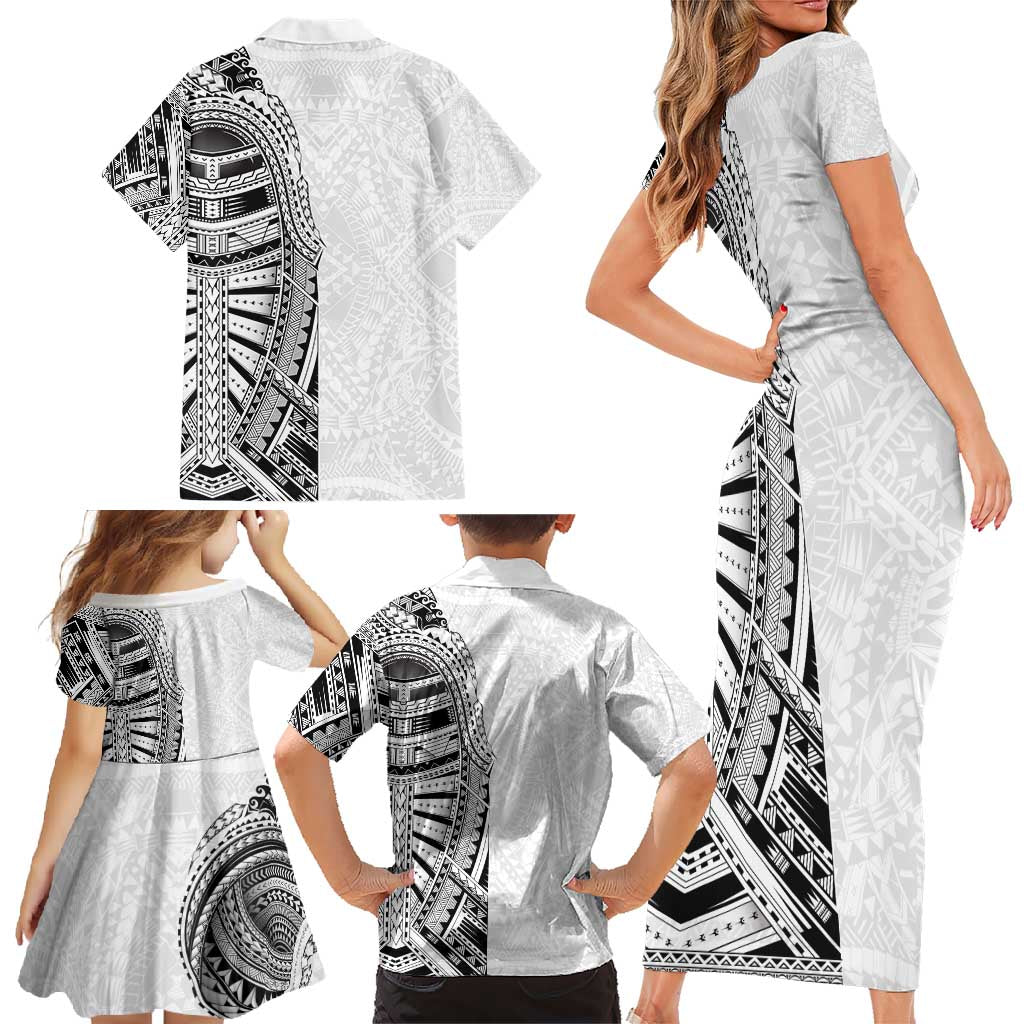 Traditional Polynesian Art Tattoos Family Matching Short Sleeve Bodycon Dress and Hawaiian Shirt White Color - Polynesian Pride
