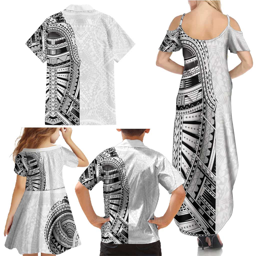 Traditional Polynesian Art Tattoos Family Matching Summer Maxi Dress and Hawaiian Shirt White Color - Polynesian Pride
