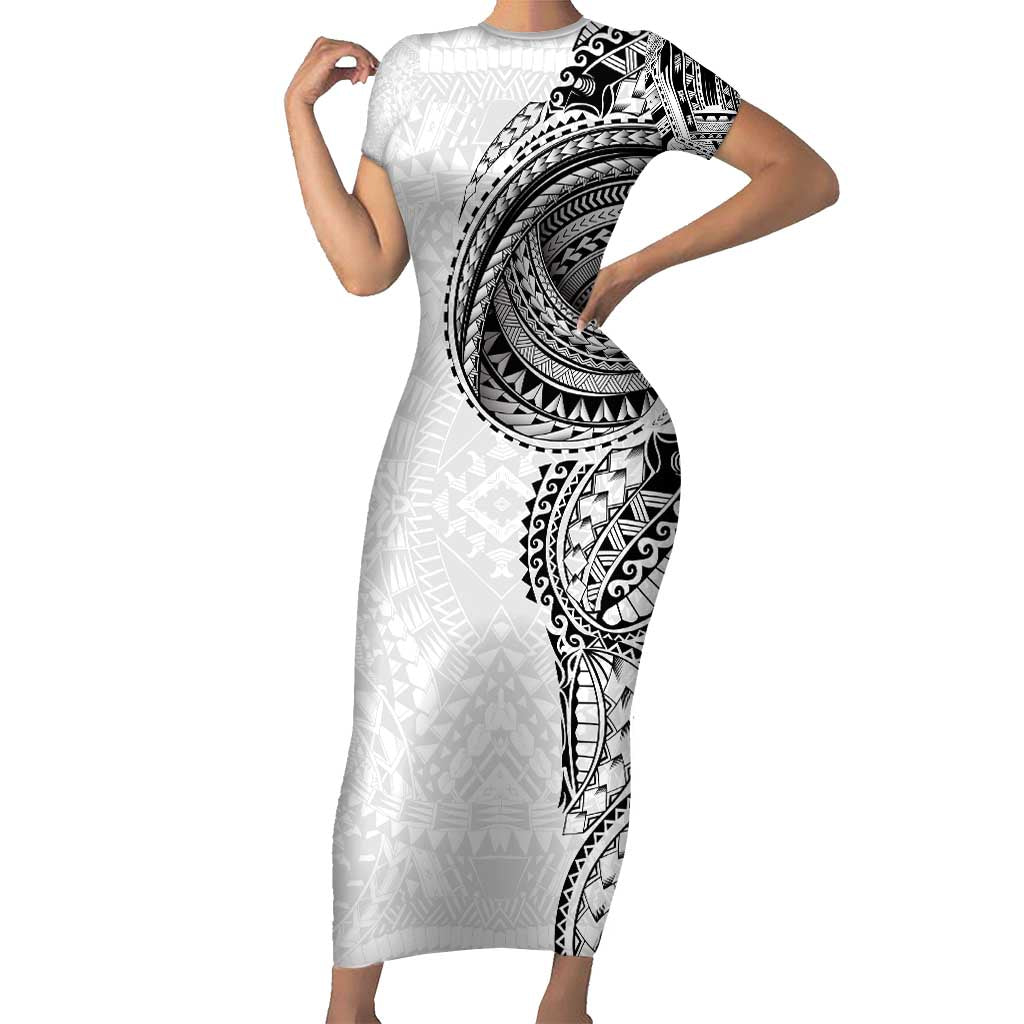 Traditional Polynesian Art Tattoos Short Sleeve Bodycon Dress White Color - Polynesian Pride