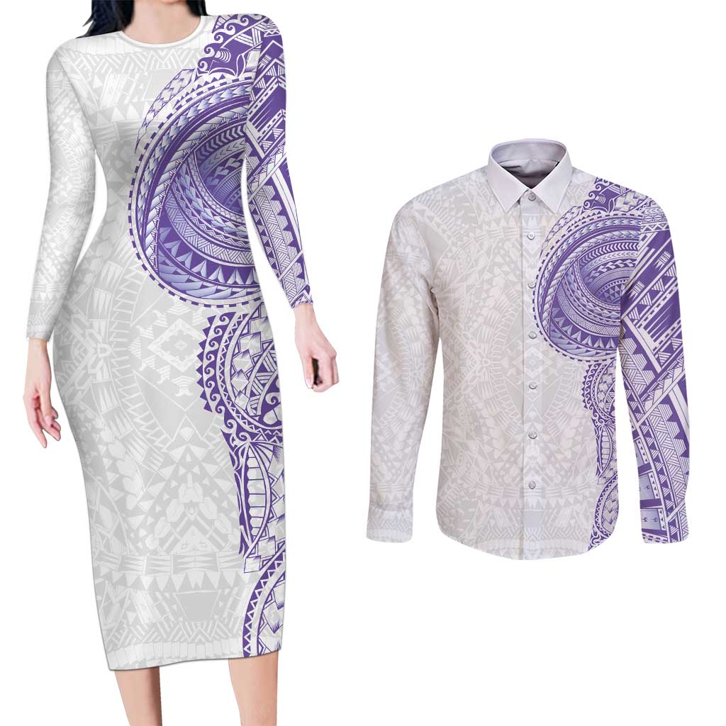 Traditional Polynesian Art Tattoos Couples Matching Long Sleeve Bodycon Dress and Long Sleeve Button Shirt Purple Color - Polynesian Pride
