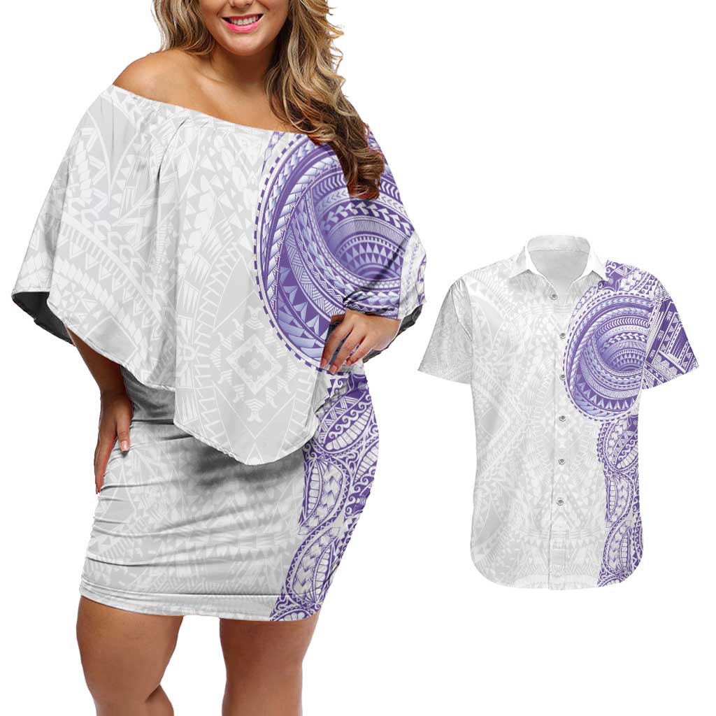 Traditional Polynesian Art Tattoos Couples Matching Off Shoulder Short Dress and Hawaiian Shirt Purple Color - Polynesian Pride