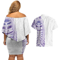 Traditional Polynesian Art Tattoos Couples Matching Off Shoulder Short Dress and Hawaiian Shirt Purple Color - Polynesian Pride