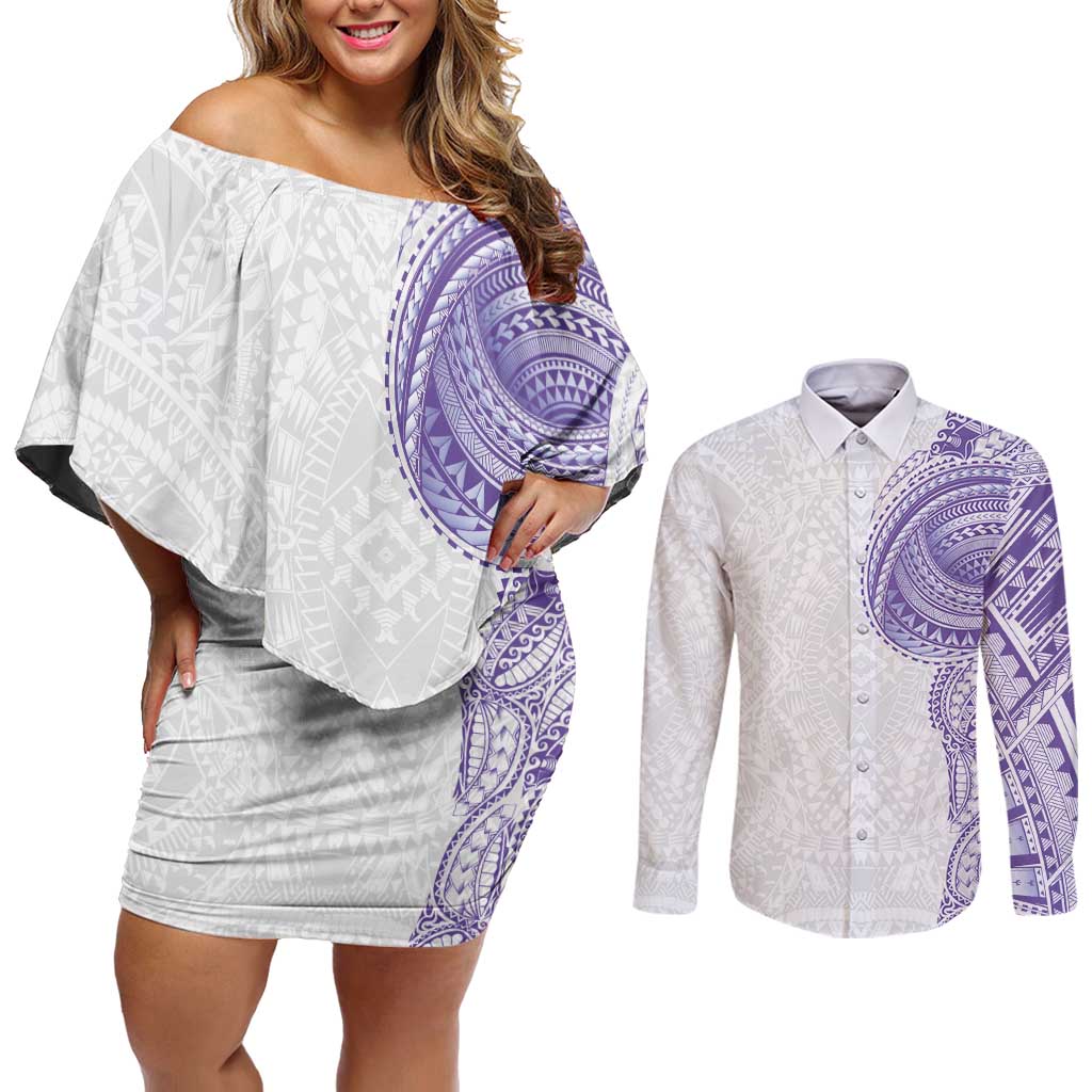 Traditional Polynesian Art Tattoos Couples Matching Off Shoulder Short Dress and Long Sleeve Button Shirt Purple Color - Polynesian Pride