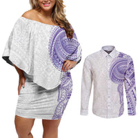Traditional Polynesian Art Tattoos Couples Matching Off Shoulder Short Dress and Long Sleeve Button Shirt Purple Color - Polynesian Pride