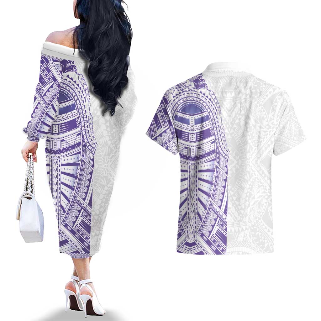 Traditional Polynesian Art Tattoos Couples Matching Off The Shoulder Long Sleeve Dress and Hawaiian Shirt Purple Color - Polynesian Pride