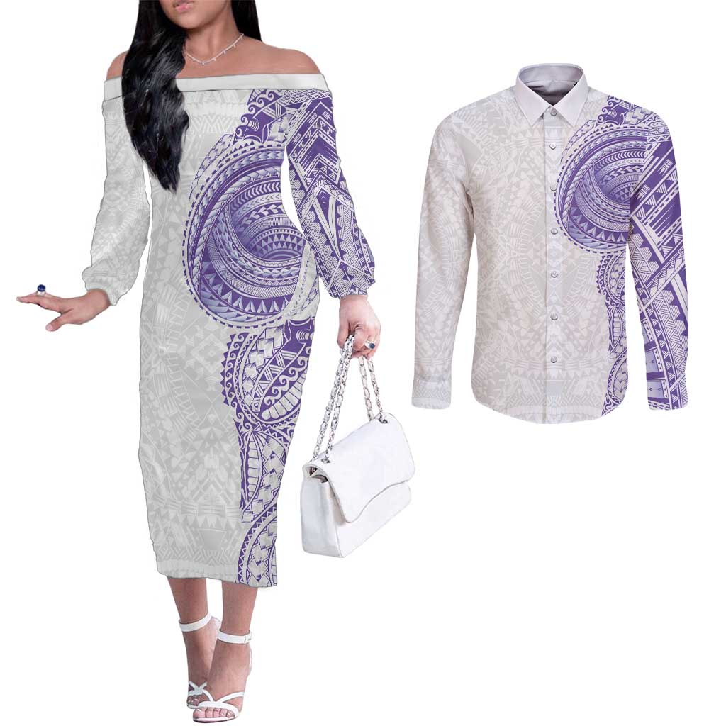 Traditional Polynesian Art Tattoos Couples Matching Off The Shoulder Long Sleeve Dress and Long Sleeve Button Shirt Purple Color - Polynesian Pride