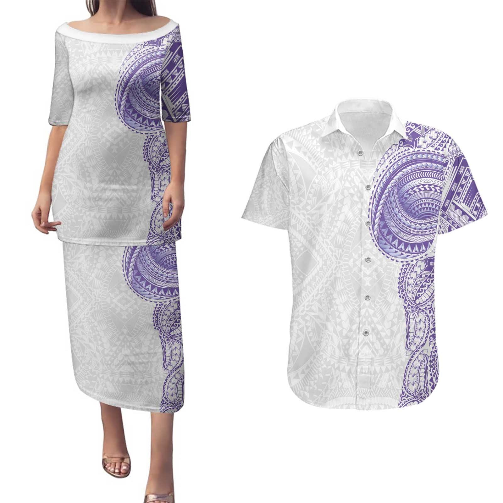 Traditional Polynesian Art Tattoos Couples Matching Puletasi and Hawaiian Shirt Purple Color - Polynesian Pride