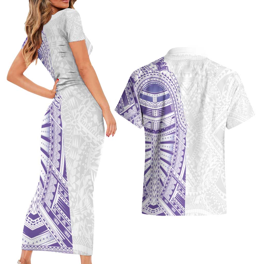 Traditional Polynesian Art Tattoos Couples Matching Short Sleeve Bodycon Dress and Hawaiian Shirt Purple Color - Polynesian Pride