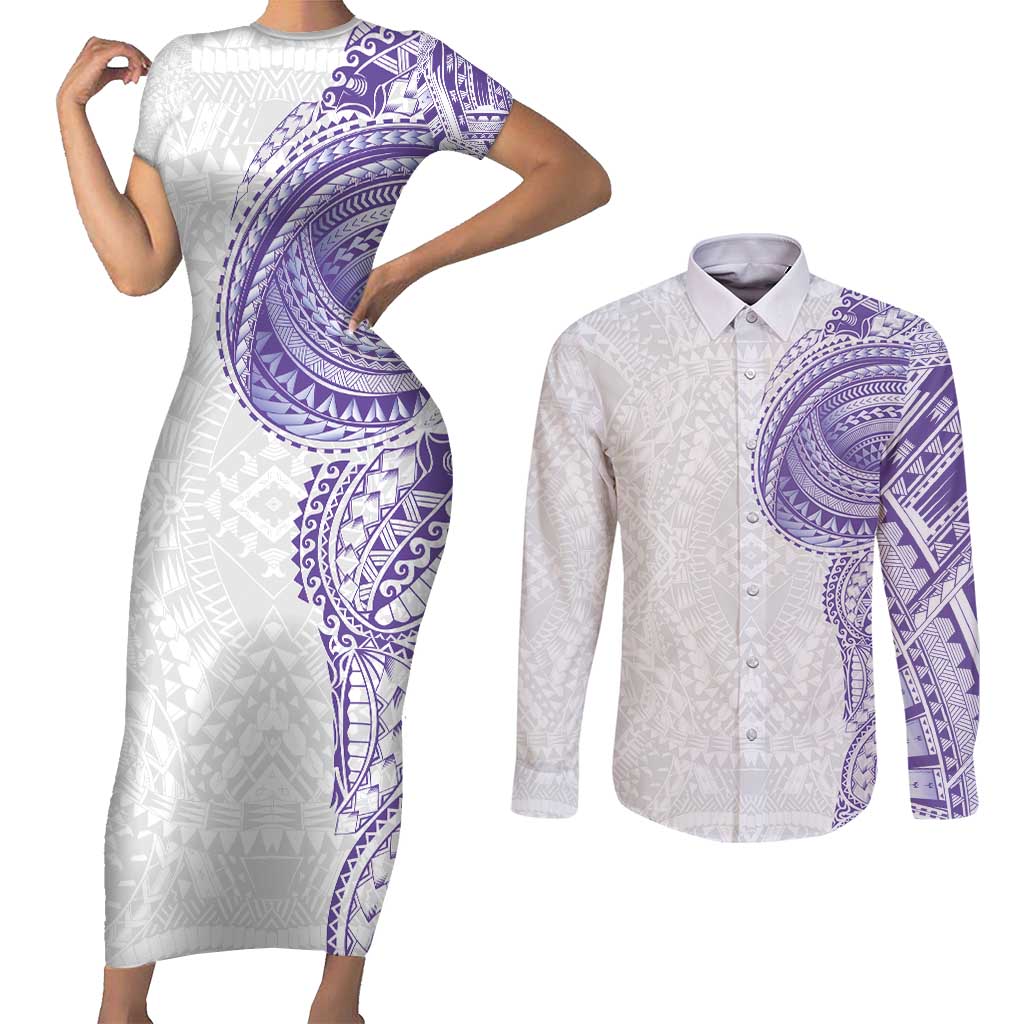 Traditional Polynesian Art Tattoos Couples Matching Short Sleeve Bodycon Dress and Long Sleeve Button Shirt Purple Color - Polynesian Pride