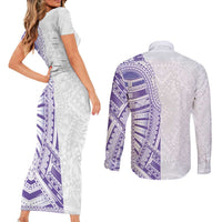 Traditional Polynesian Art Tattoos Couples Matching Short Sleeve Bodycon Dress and Long Sleeve Button Shirt Purple Color - Polynesian Pride