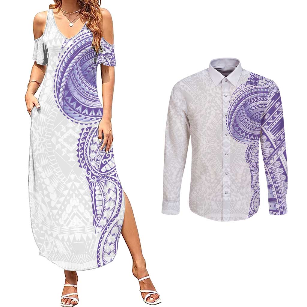 Traditional Polynesian Art Tattoos Couples Matching Summer Maxi Dress and Long Sleeve Button Shirt Purple Color - Polynesian Pride