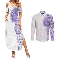 Traditional Polynesian Art Tattoos Couples Matching Summer Maxi Dress and Long Sleeve Button Shirt Purple Color - Polynesian Pride