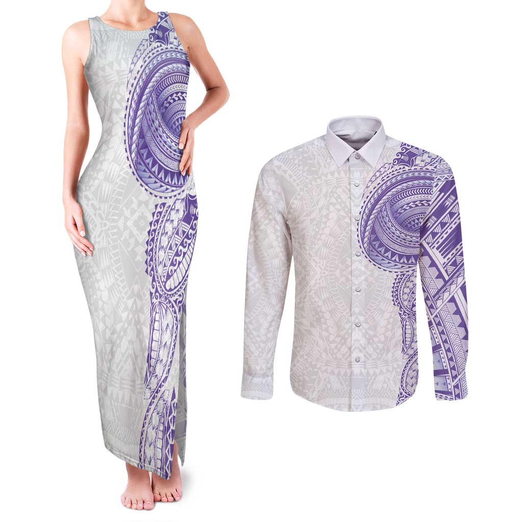 Traditional Polynesian Art Tattoos Couples Matching Tank Maxi Dress and Long Sleeve Button Shirt Purple Color - Polynesian Pride