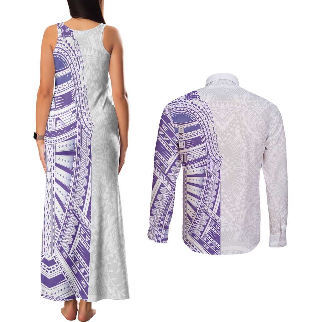 Traditional Polynesian Art Tattoos Couples Matching Tank Maxi Dress and Long Sleeve Button Shirt Purple Color - Polynesian Pride