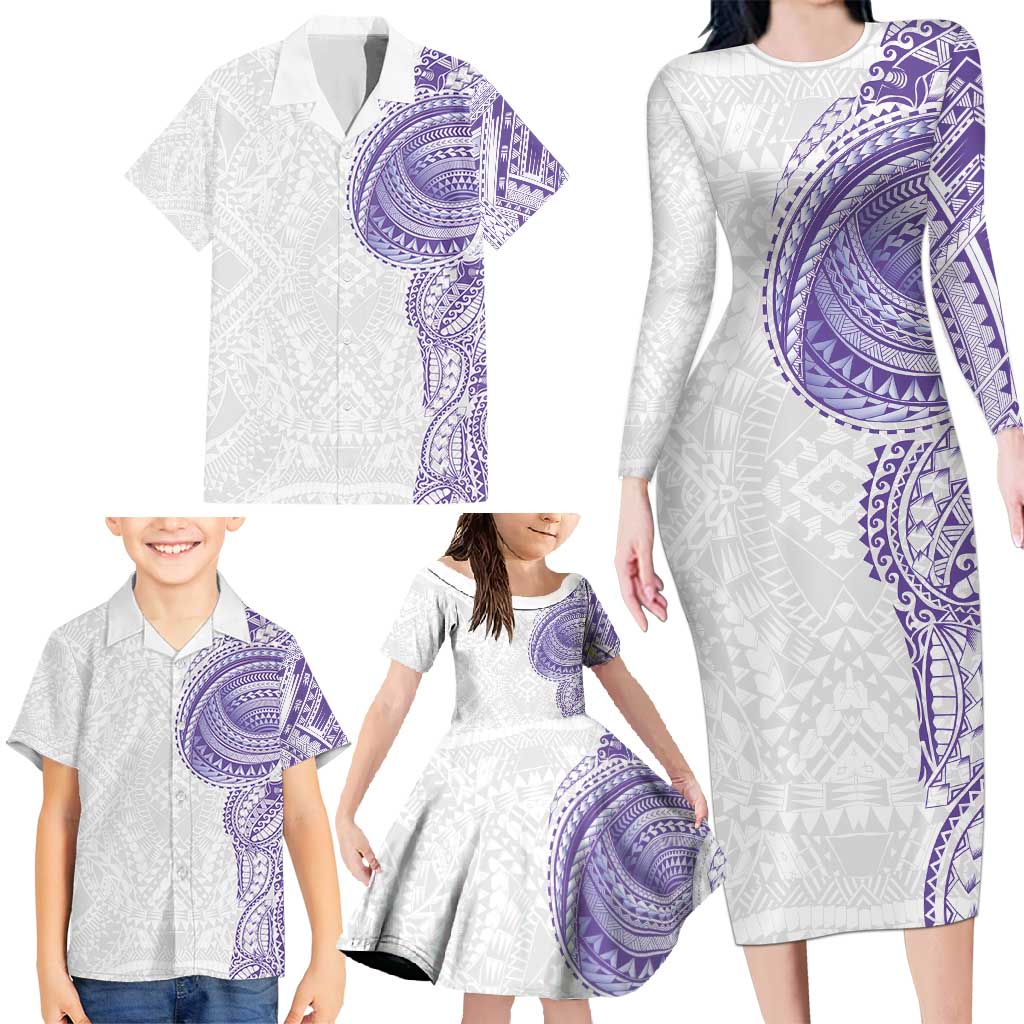Traditional Polynesian Art Tattoos Family Matching Long Sleeve Bodycon Dress and Hawaiian Shirt Purple Color - Polynesian Pride