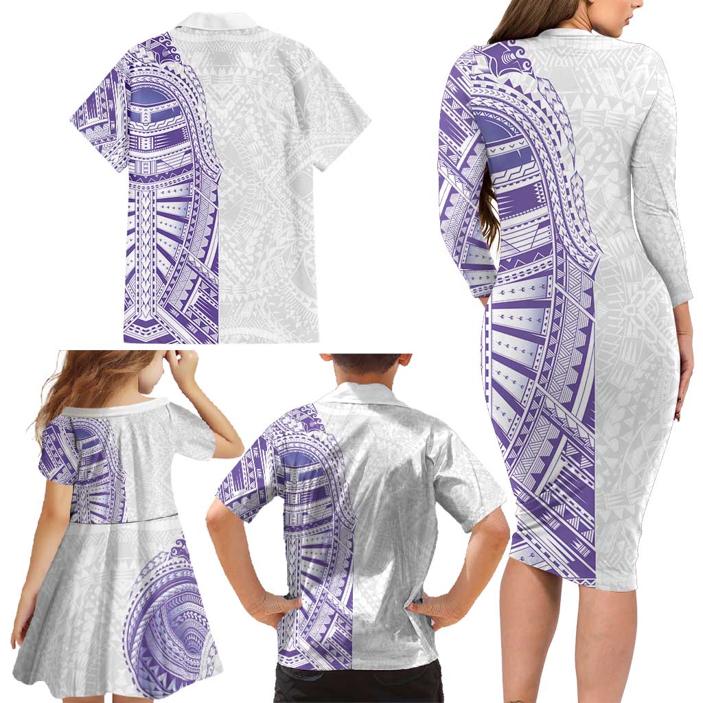 Traditional Polynesian Art Tattoos Family Matching Long Sleeve Bodycon Dress and Hawaiian Shirt Purple Color - Polynesian Pride