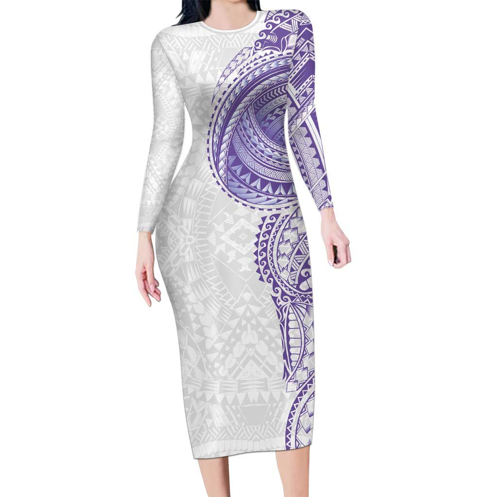 Traditional Polynesian Art Tattoos Family Matching Long Sleeve Bodycon Dress and Hawaiian Shirt Purple Color - Polynesian Pride