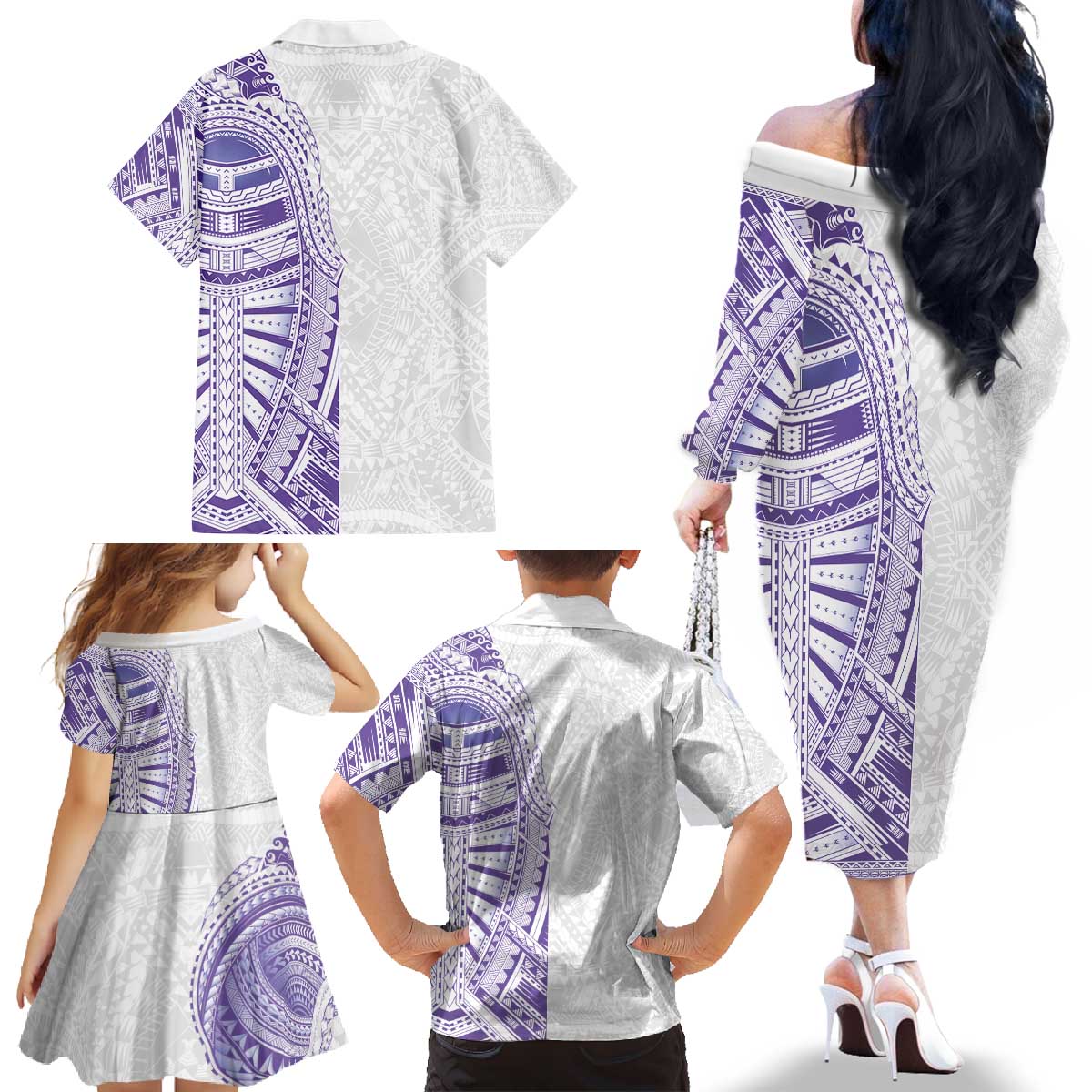 Traditional Polynesian Art Tattoos Family Matching Off The Shoulder Long Sleeve Dress and Hawaiian Shirt Purple Color - Polynesian Pride