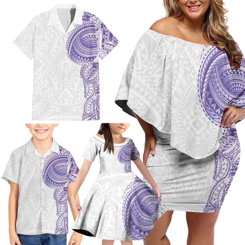 Traditional Polynesian Art Tattoos Family Matching Off Shoulder Short Dress and Hawaiian Shirt Purple Color - Polynesian Pride