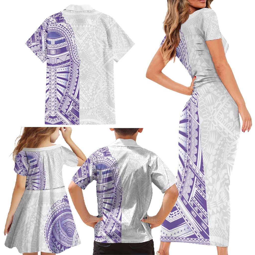 Traditional Polynesian Art Tattoos Family Matching Short Sleeve Bodycon Dress and Hawaiian Shirt Purple Color - Polynesian Pride