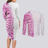 Traditional Polynesian Art Tattoos Couples Matching Long Sleeve Bodycon Dress and Long Sleeve Button Shirt Pink Color - Polynesian Pride