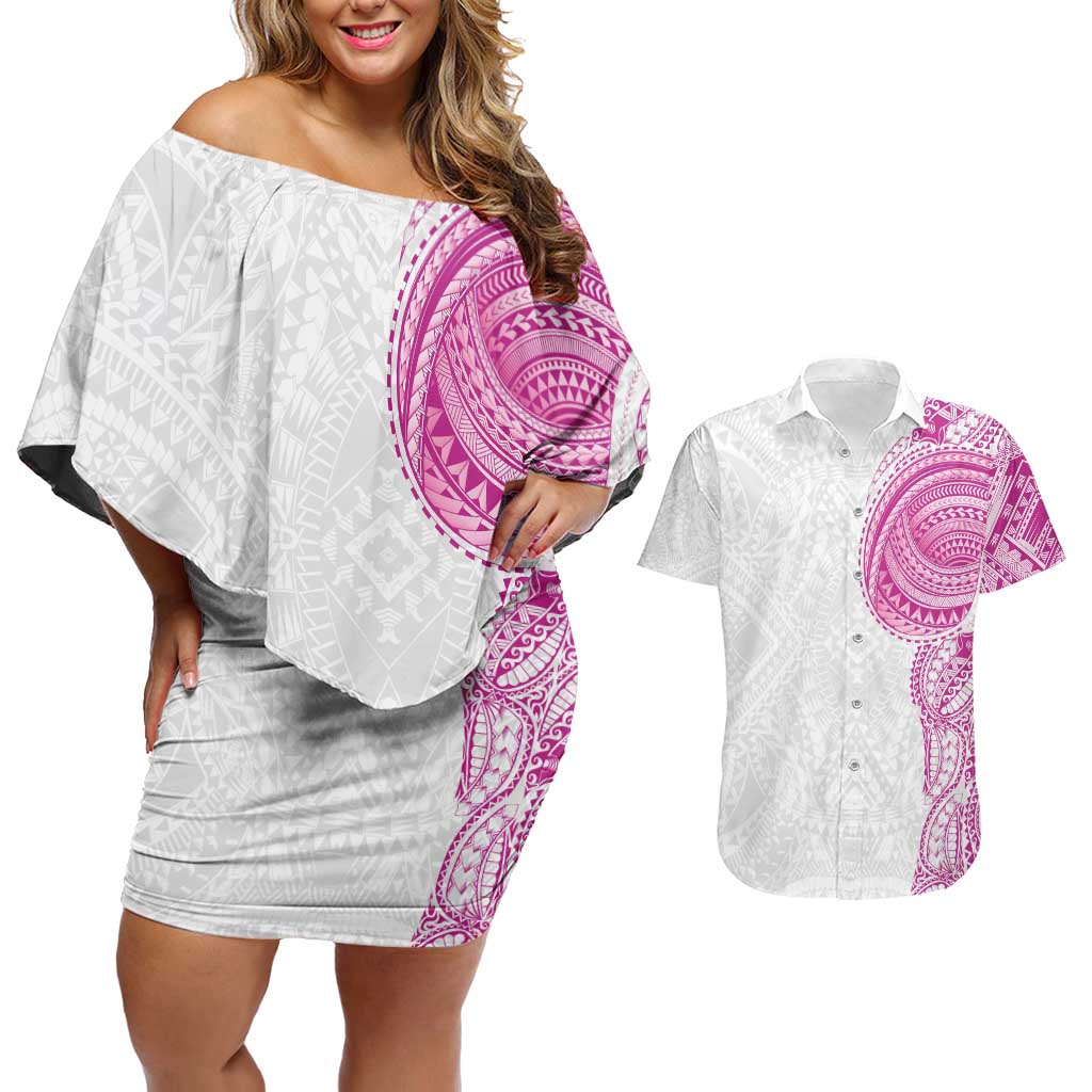 Traditional Polynesian Art Tattoos Couples Matching Off Shoulder Short Dress and Hawaiian Shirt Pink Color - Polynesian Pride