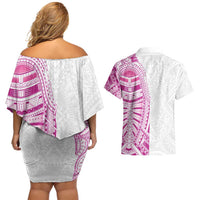 Traditional Polynesian Art Tattoos Couples Matching Off Shoulder Short Dress and Hawaiian Shirt Pink Color - Polynesian Pride