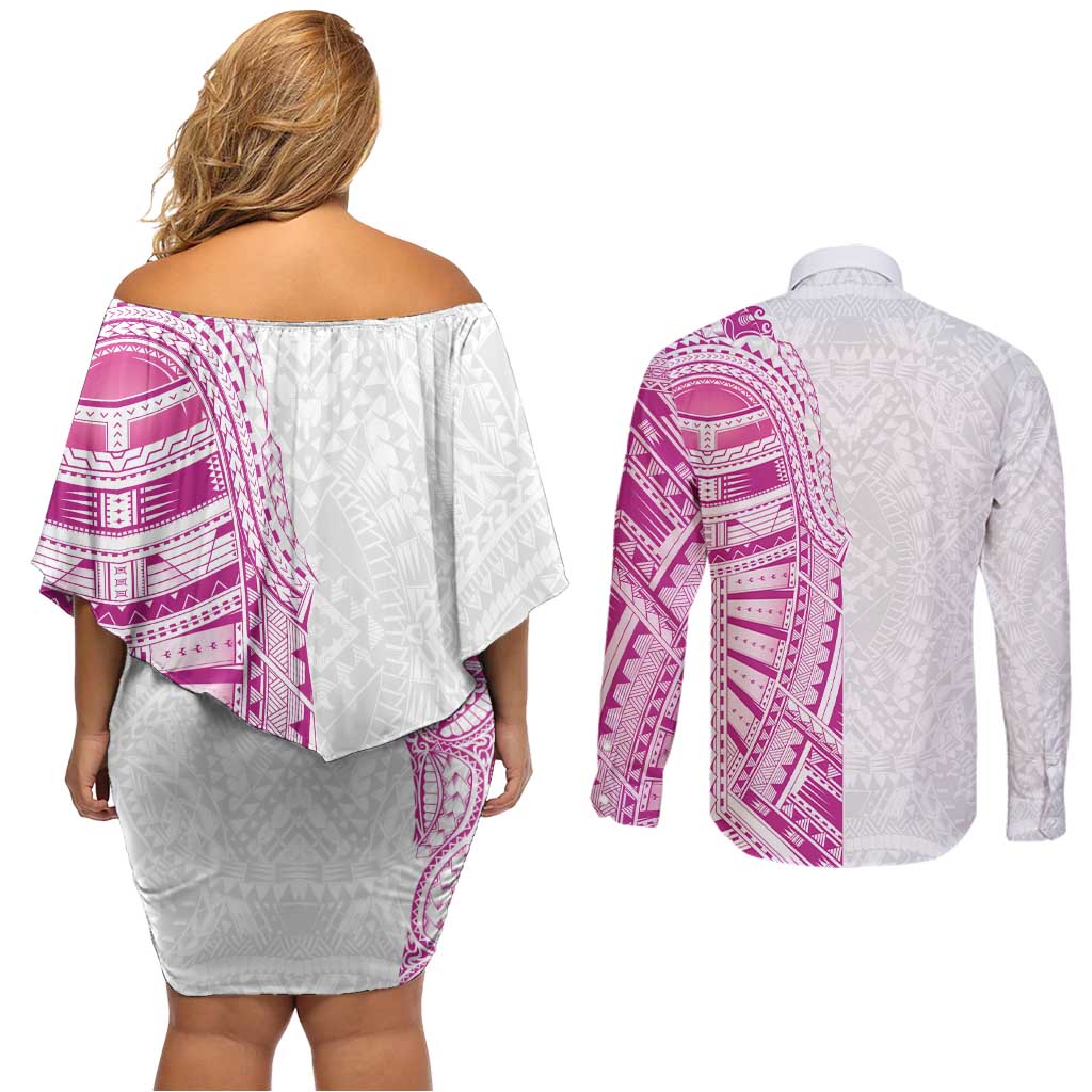 Traditional Polynesian Art Tattoos Couples Matching Off Shoulder Short Dress and Long Sleeve Button Shirt Pink Color - Polynesian Pride