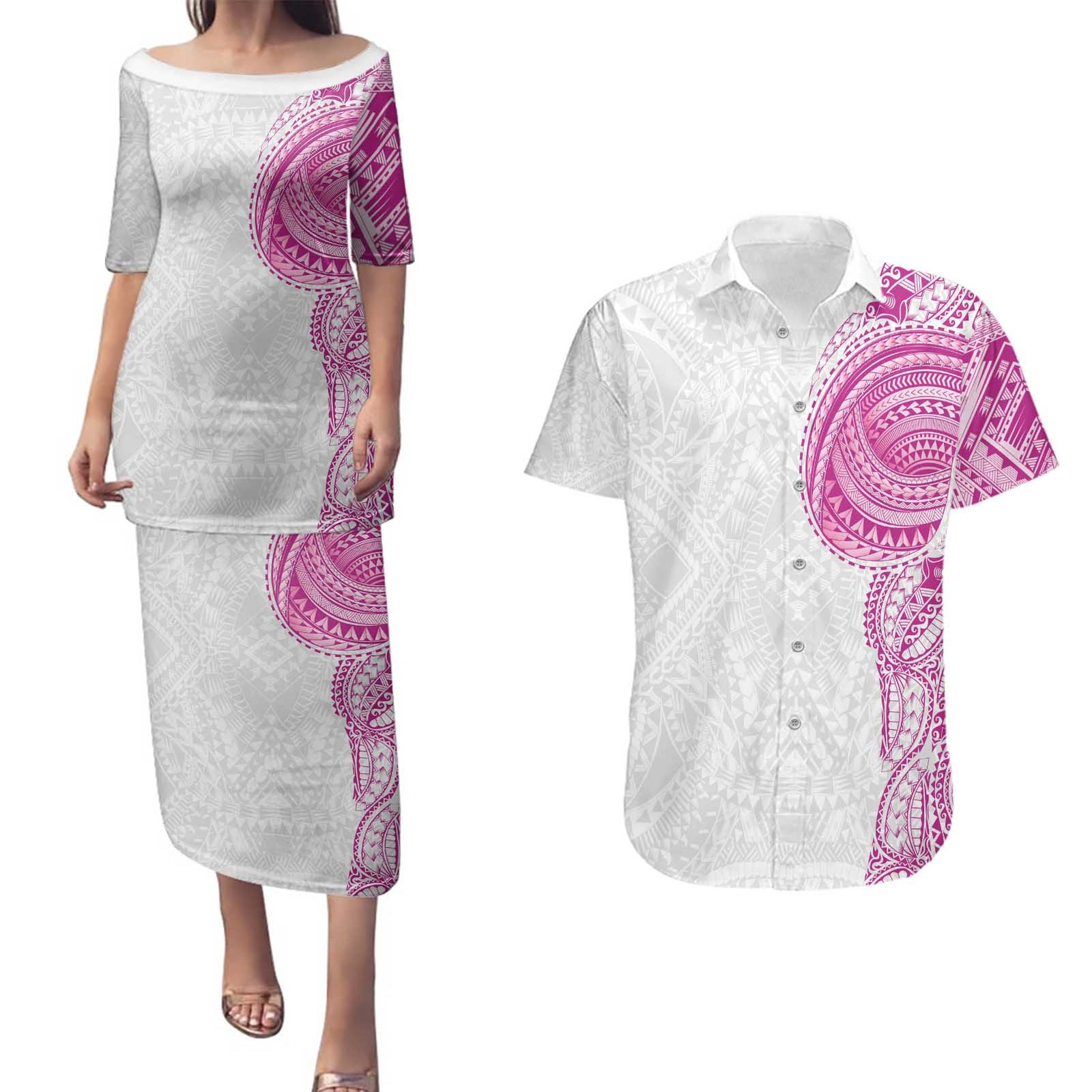 Traditional Polynesian Art Tattoos Couples Matching Puletasi and Hawaiian Shirt Pink Color - Polynesian Pride