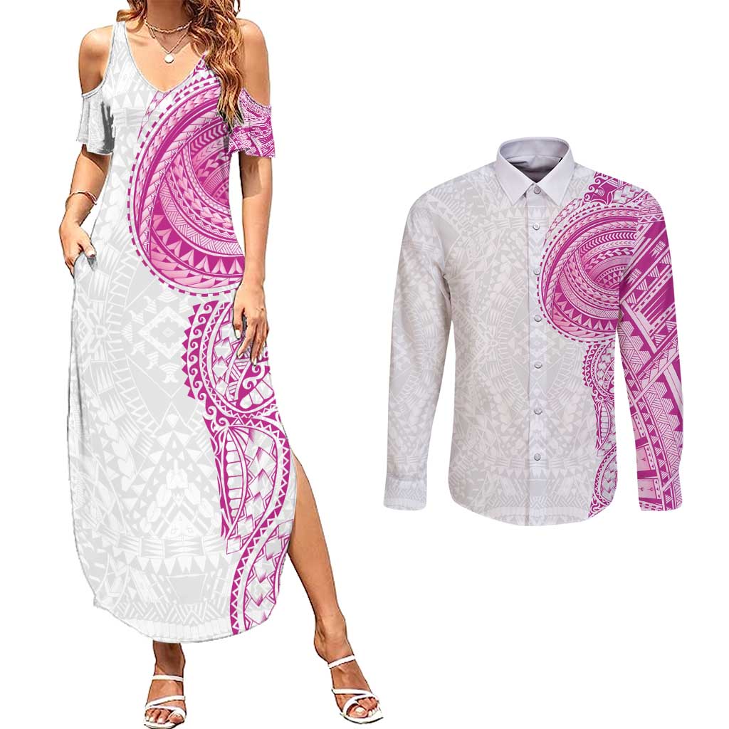 Traditional Polynesian Art Tattoos Couples Matching Summer Maxi Dress and Long Sleeve Button Shirt Pink Color - Polynesian Pride