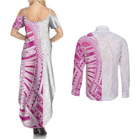 Traditional Polynesian Art Tattoos Couples Matching Summer Maxi Dress and Long Sleeve Button Shirt Pink Color - Polynesian Pride