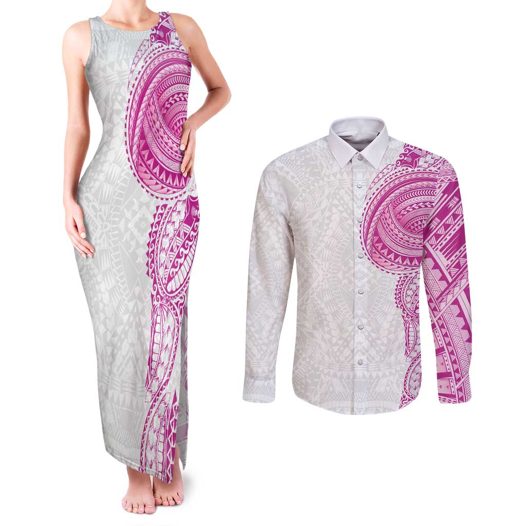 Traditional Polynesian Art Tattoos Couples Matching Tank Maxi Dress and Long Sleeve Button Shirt Pink Color - Polynesian Pride