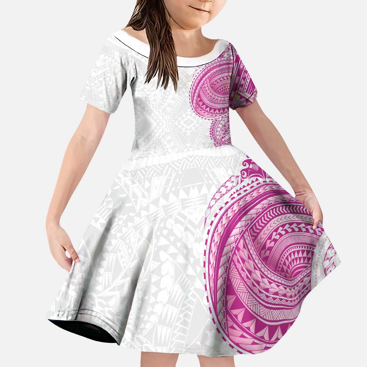 Traditional Polynesian Art Tattoos Kid Short Sleeve Dress Pink Color - Polynesian Pride