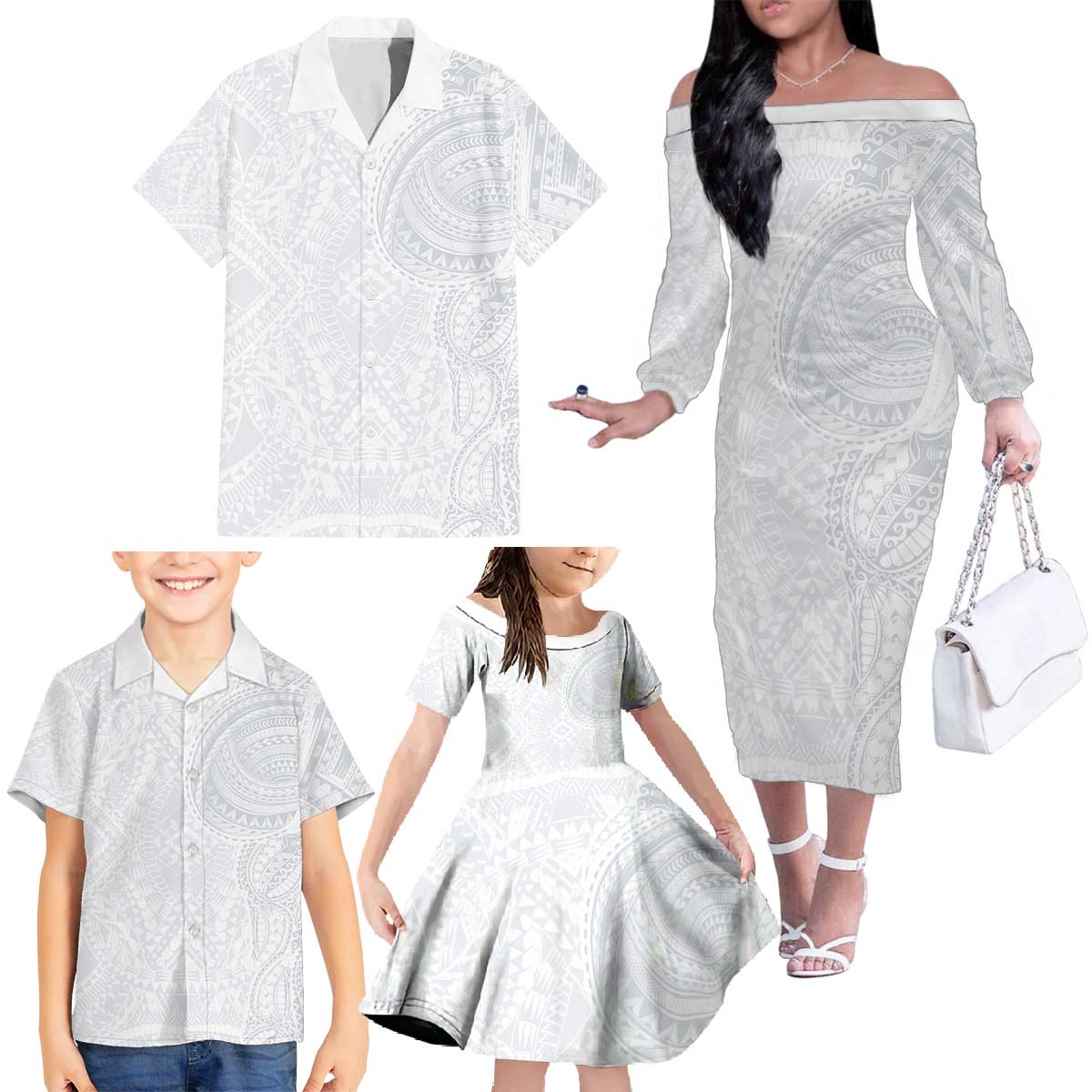 Lotu Tamaiti Family Matching Off The Shoulder Long Sleeve Dress and Hawaiian Shirt Traditional Samoan Art Tattoos - Polynesian Pride
