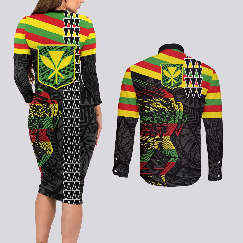 Kanaka Maoli Running Couples Matching Long Sleeve Bodycon Dress and Long Sleeve Button Shirt Kakau Pattern with Kanaka Maoli Flag Color