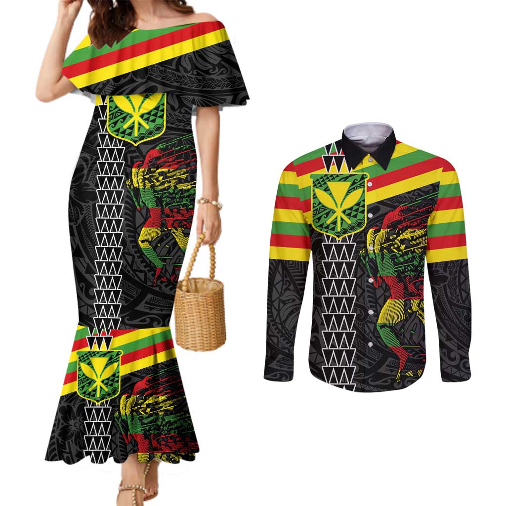 Kanaka Maoli Running Couples Matching Mermaid Dress and Long Sleeve Button Shirt Kakau Pattern with Kanaka Maoli Flag Color