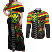 Kanaka Maoli Running Couples Matching Off Shoulder Maxi Dress and Long Sleeve Button Shirt Kakau Pattern with Kanaka Maoli Flag Color