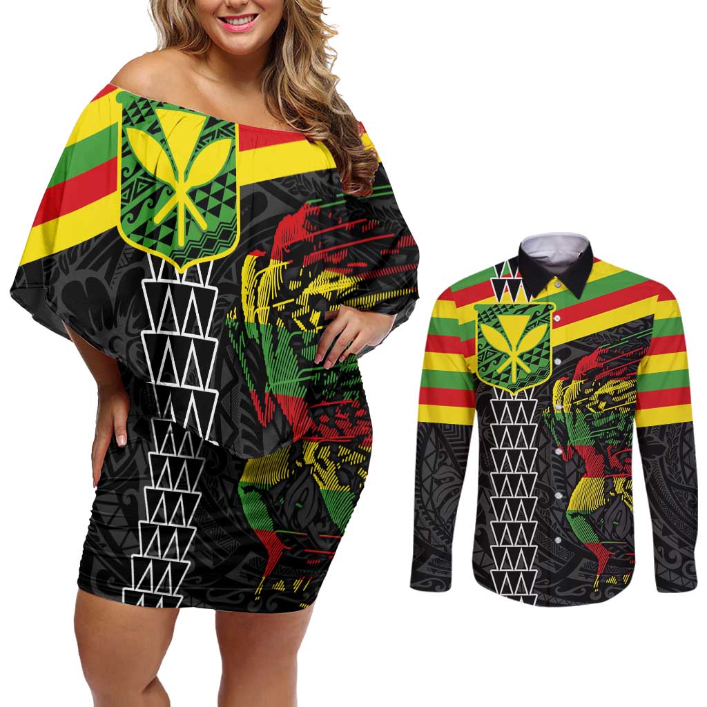 Kanaka Maoli Running Couples Matching Off Shoulder Short Dress and Long Sleeve Button Shirt Kakau Pattern with Kanaka Maoli Flag Color