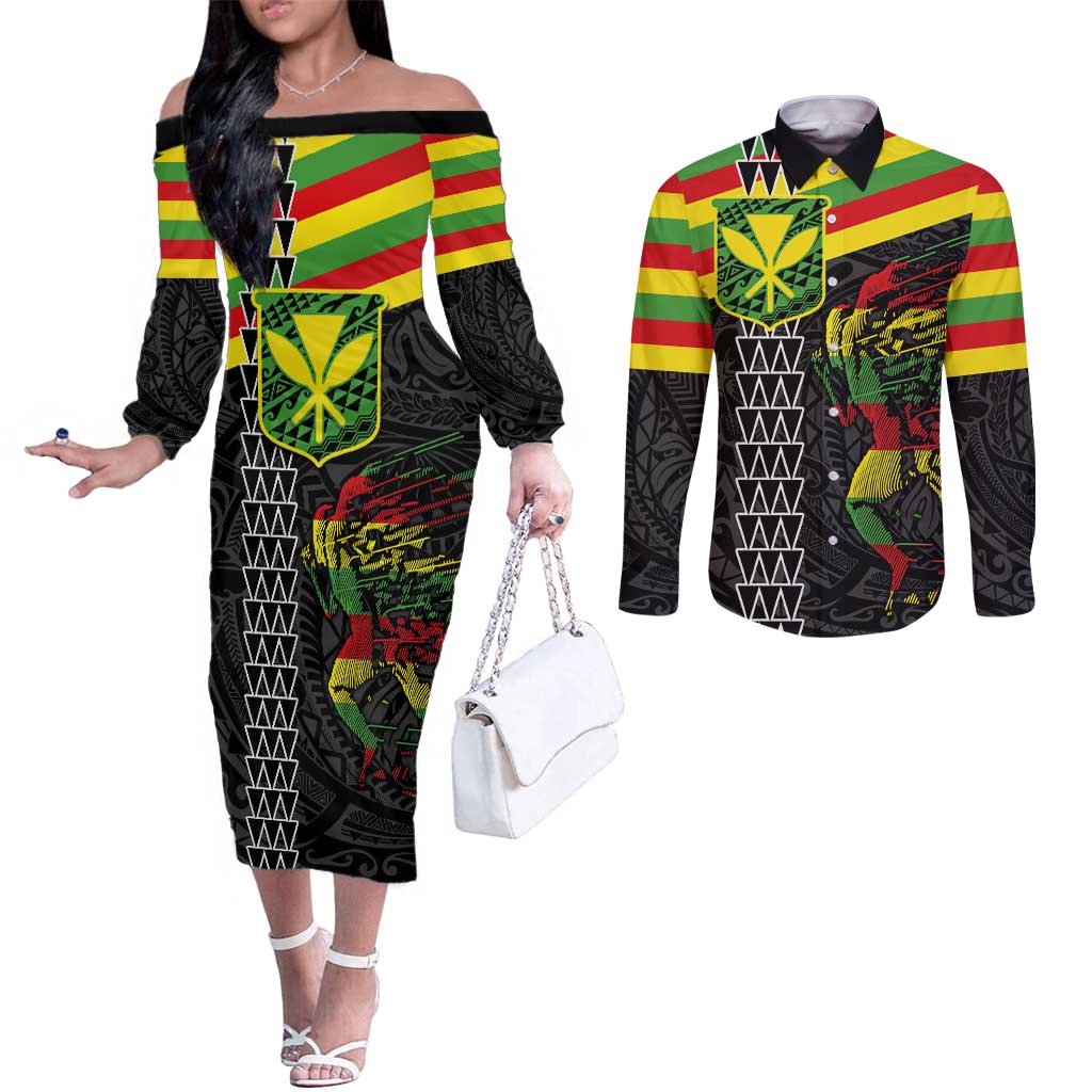 Kanaka Maoli Running Couples Matching Off The Shoulder Long Sleeve Dress and Long Sleeve Button Shirt Kakau Pattern with Kanaka Maoli Flag Color