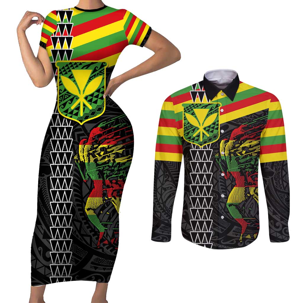 Kanaka Maoli Running Couples Matching Short Sleeve Bodycon Dress and Long Sleeve Button Shirt Kakau Pattern with Kanaka Maoli Flag Color