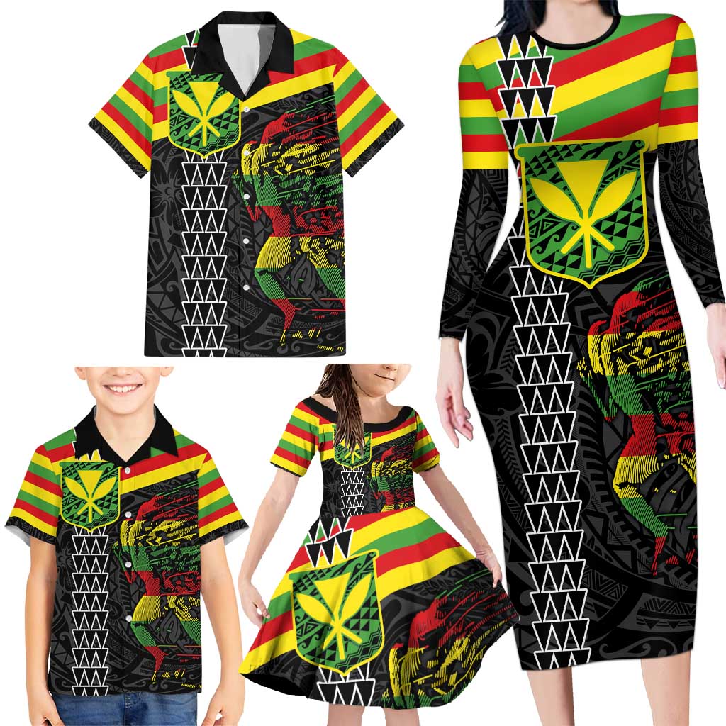 Kanaka Maoli Running Family Matching Long Sleeve Bodycon Dress and Hawaiian Shirt Kakau Pattern with Kanaka Maoli Flag Color