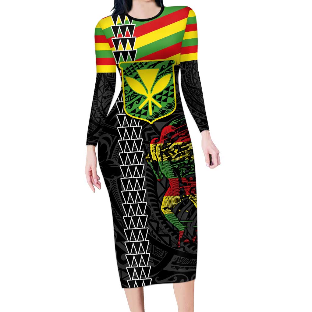 Kanaka Maoli Running Family Matching Long Sleeve Bodycon Dress and Hawaiian Shirt Kakau Pattern with Kanaka Maoli Flag Color