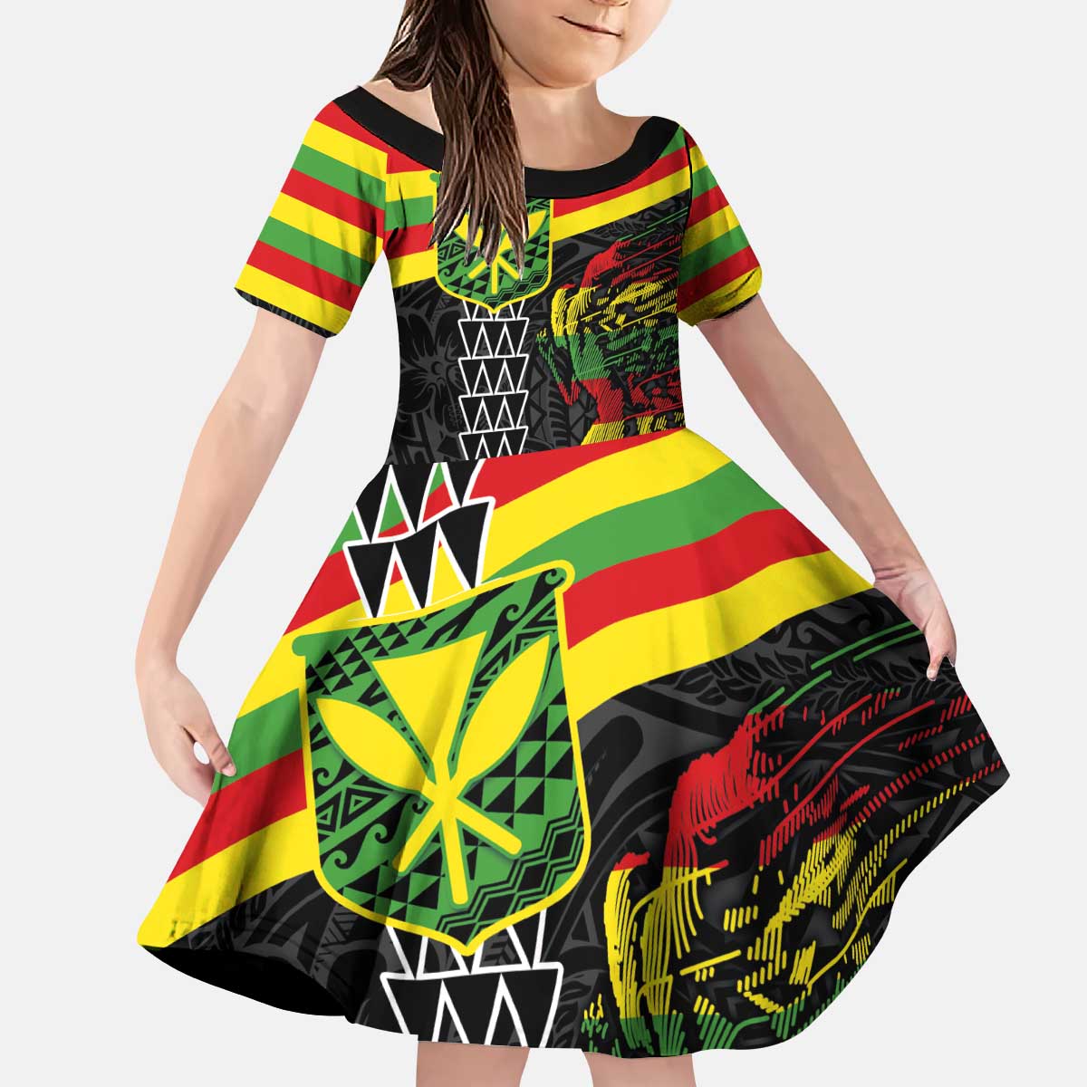 Kanaka Maoli Running Kid Short Sleeve Dress Kakau Pattern with Kanaka Maoli Flag Color