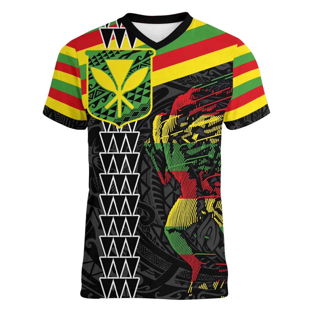 Kanaka Maoli Running Women V-Neck T-Shirt Kakau Pattern with Kanaka Maoli Flag Color