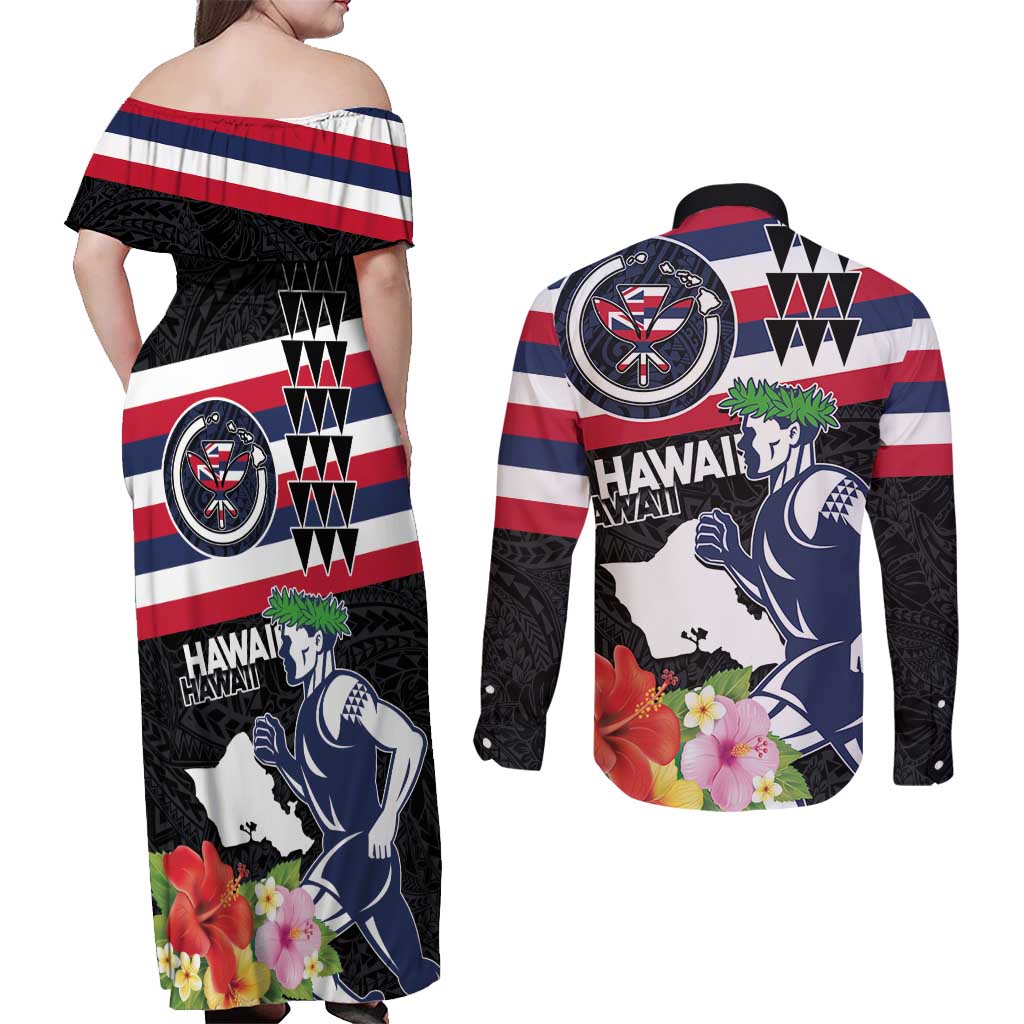 Honolulu Running Race Couples Matching Off Shoulder Maxi Dress and Long Sleeve Button Shirt Hawaii Marathon Kakau Art with Hibiscus and National Flag Style